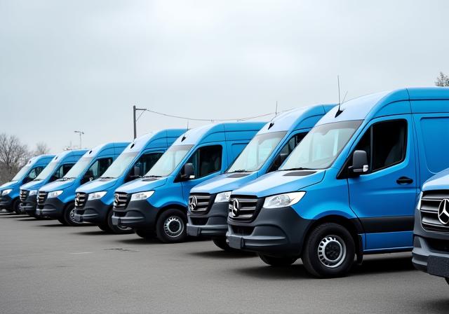 Reihe geparkter Transporter einer Firmenflotte