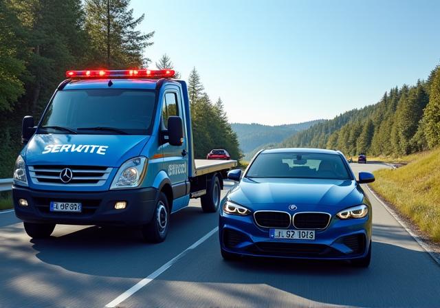 Servicefahrzeug leistet Starthilfe an der Straße